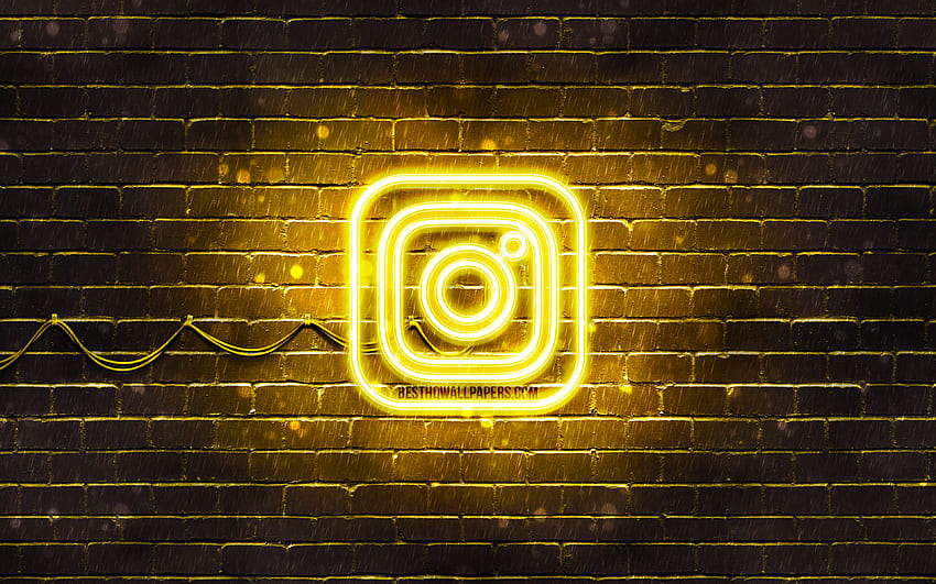 Logo jaune Instagram, brickwall jaune, nouveau logo Instagram, réseaux sociaux, logo néon Instagram, logo Instagram, Instagram Fond d'écran HD