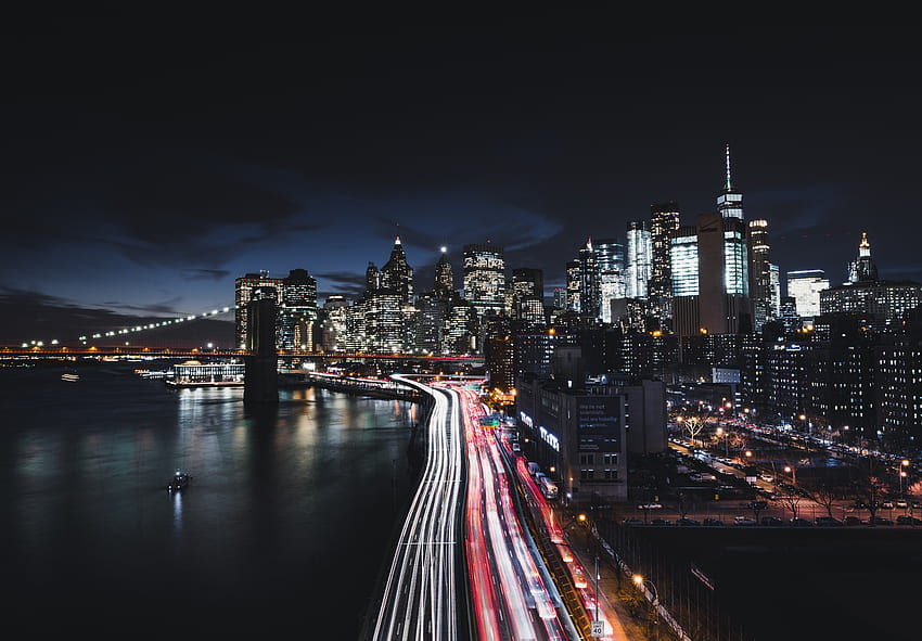 Nueva york, ciudad, noche, camino, edificios fondo de pantalla