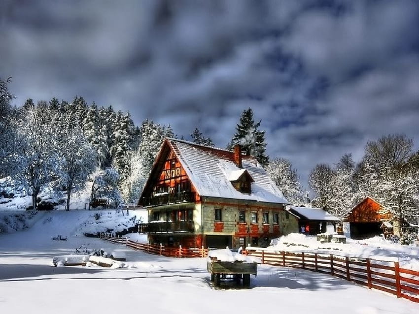 maybe some day, snow, cabin, mountain HD wallpaper