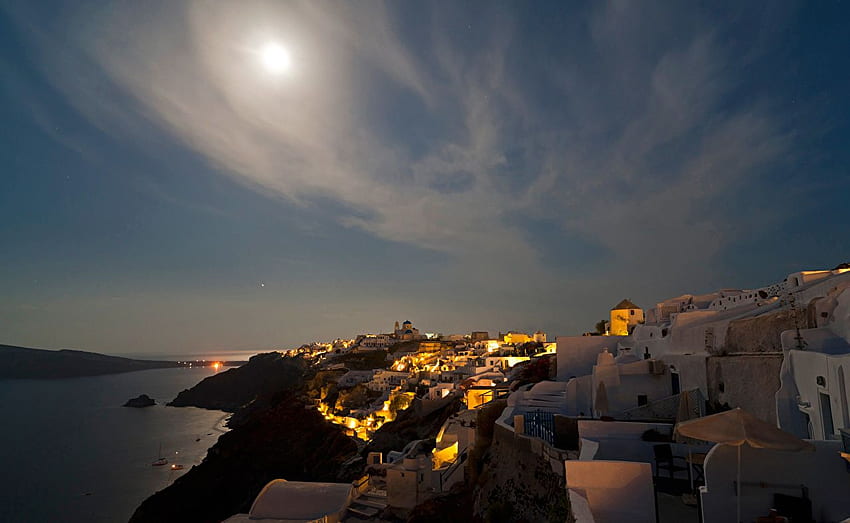 Santorin Grèce Ciel Lune Nuit Réverbères Villes Maisons Fond d'écran HD