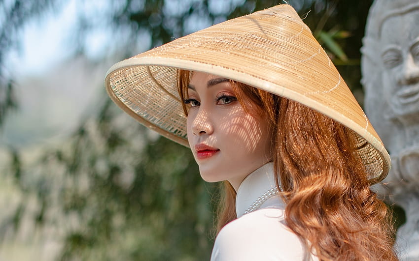 Oriental Beauty, pretty, Asian, girl, redhead, hat HD wallpaper