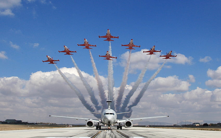 Tureckie gwiazdy, turecki zespół pokazowy akrobacyjny, tureckie siły powietrzne, Canadair CF-5, CF-116 dom Fighter, Turcja Tapeta HD