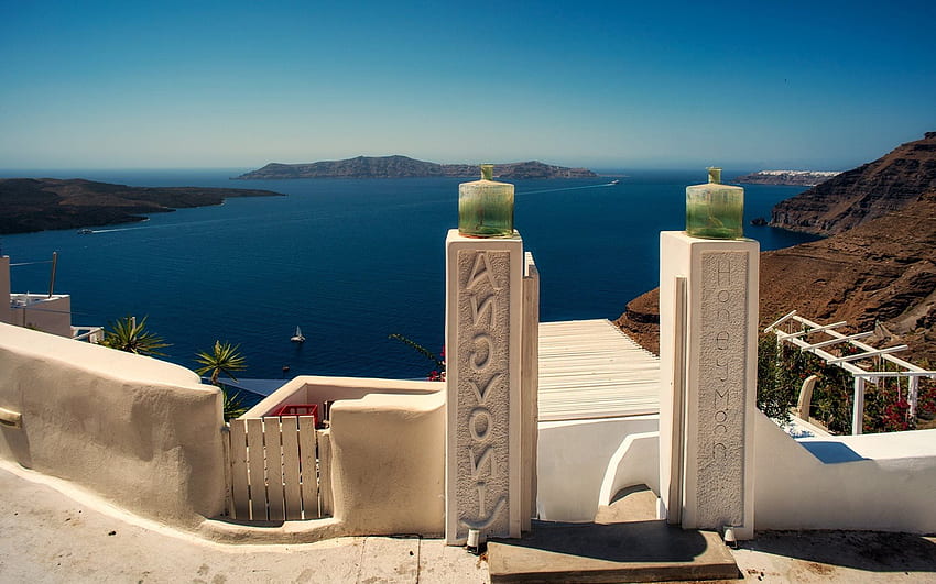 Fira, Santorini, ciudad romántica, verano, Grecia romántica fondo de pantalla