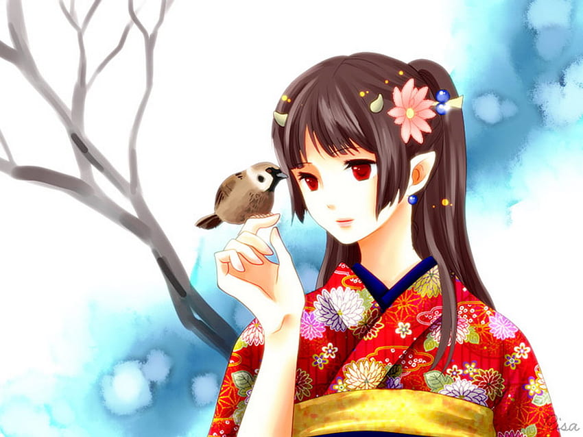 Sweet lil bird, kimono, cute, girl, traditional, branch, painting, pretty, flowers, female HD wallpaper