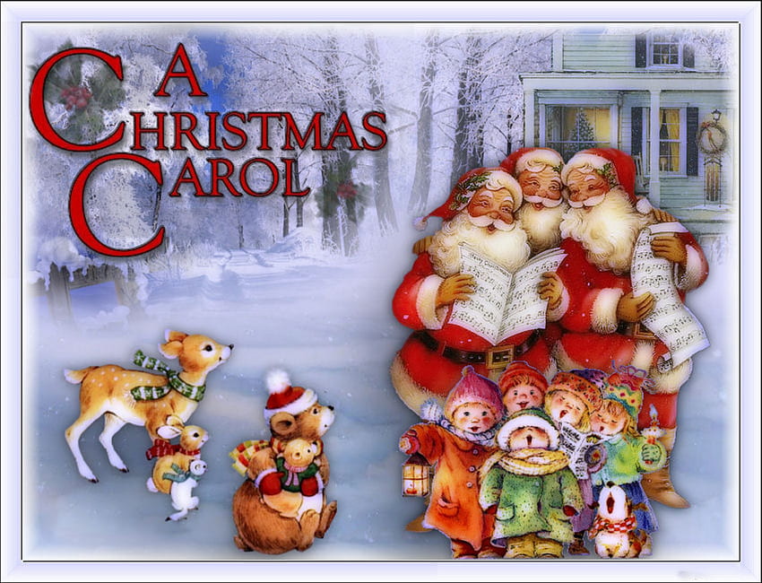 CHRISTMAS CAROL, CHRISTMAS, CAROL, SNOW, CHILDREN, SANTAS, WINTER, ANIMALS HD wallpaper