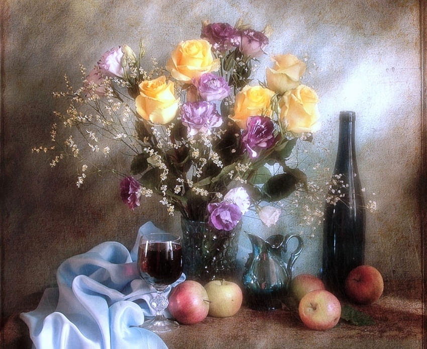 Natürmort, gül, woderful, yumuşak, renkler, güzellik, elma, meyve, doğa, çiçekler HD duvar kağıdı