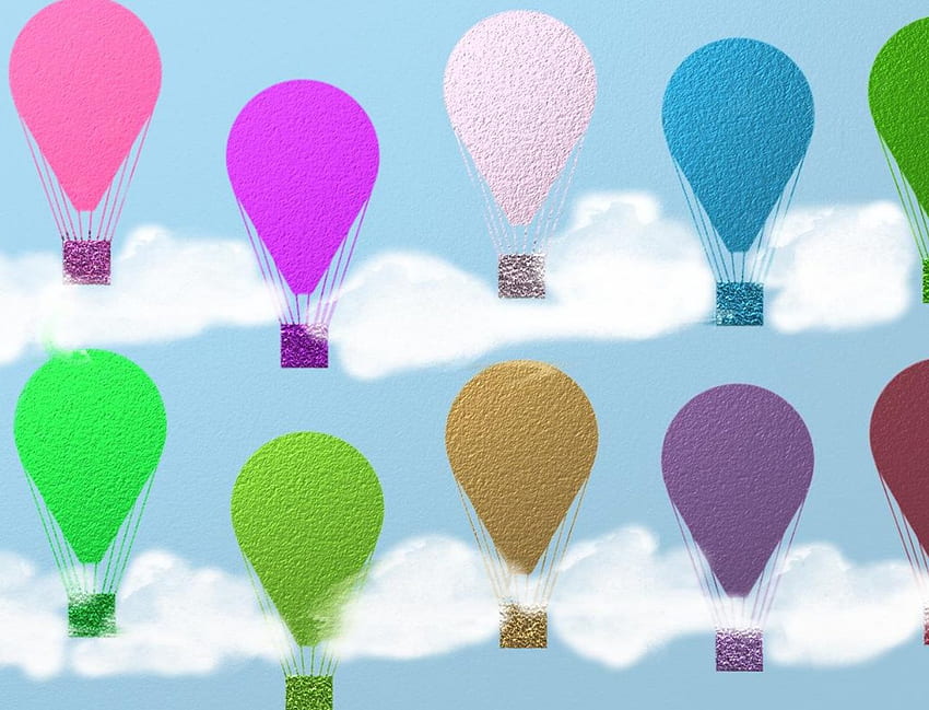 Колаж от балон с горещ въздух, син, цветен, бял, цветове, балон с горещ въздух, лилаво, розово, зелено, облаци, балон, небе HD тапет