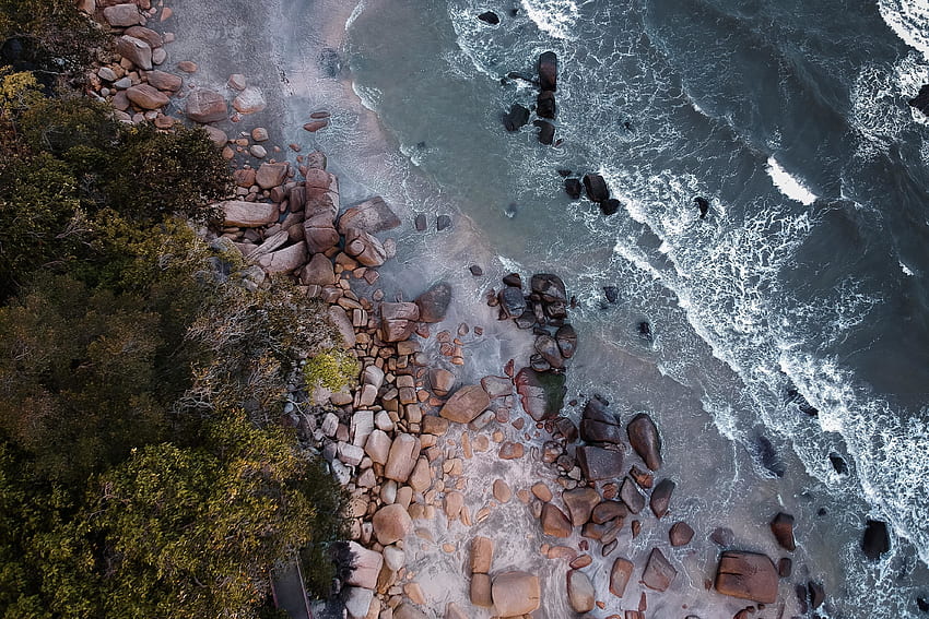 Rocks, aerial shot, waves, beach HD wallpaper