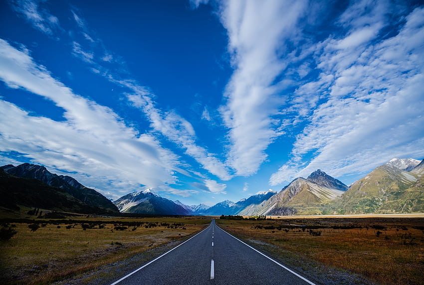 Natura, cielo, montagne, nuvole, Nuova Zelanda, strada, pista, itinerario, autostrada Sfondo HD