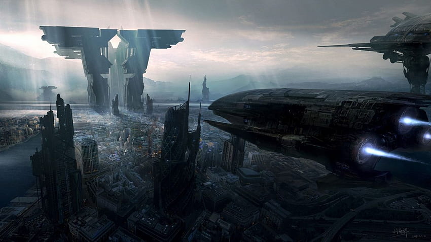 City the future ships art spaceship g . HD wallpaper