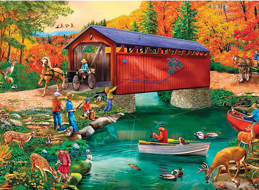 Сърдечни спомени, лодка, река, кон, деца, цветове, произведения на изкуството, , покрит мост, есен, дървета, количка HD тапет