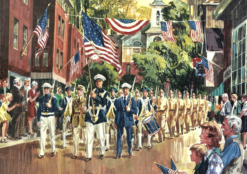 4th of July Parade 1, arte, 4 de julho, bandeiras, ilustração, obra de arte, ocasião, tela larga, feriado, patriotismo, pintura, parada papel de parede HD
