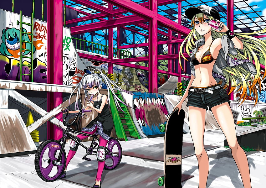 Anime, bicicleta, patineta, graffiti, originales. fondo de pantalla