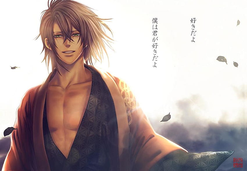 Okita Souji, souji, shinsengumi, leaves, lone, anime, souji okita, hakuouki shinsengumi kitan, brown hair, green eyes, male HD wallpaper