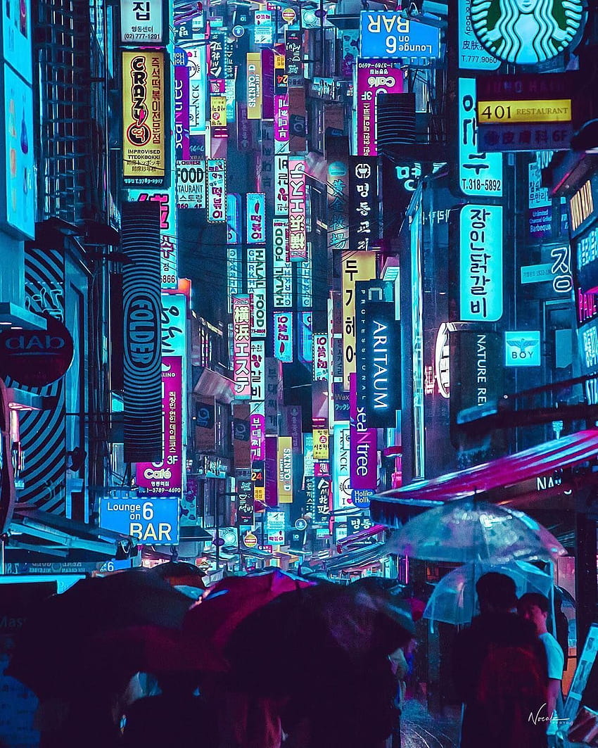 Cyberpunk Myeongdong, Seoul. Seoul-Grafik, Cyberpunk-Ästhetik, Neon Noir HD-Handy-Hintergrundbild