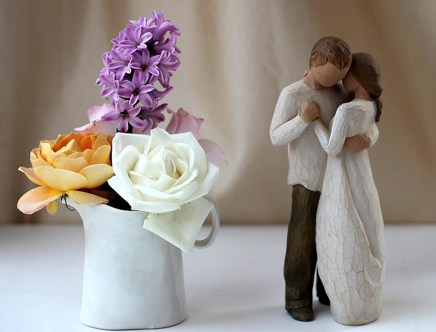 Flowers, Roses, Hyacinth, Couple, Pair, Statuette, Embrace HD wallpaper