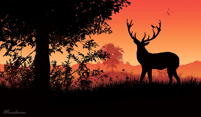 Sunset, Vector, Silhouette, Deer, Horns HD wallpaper