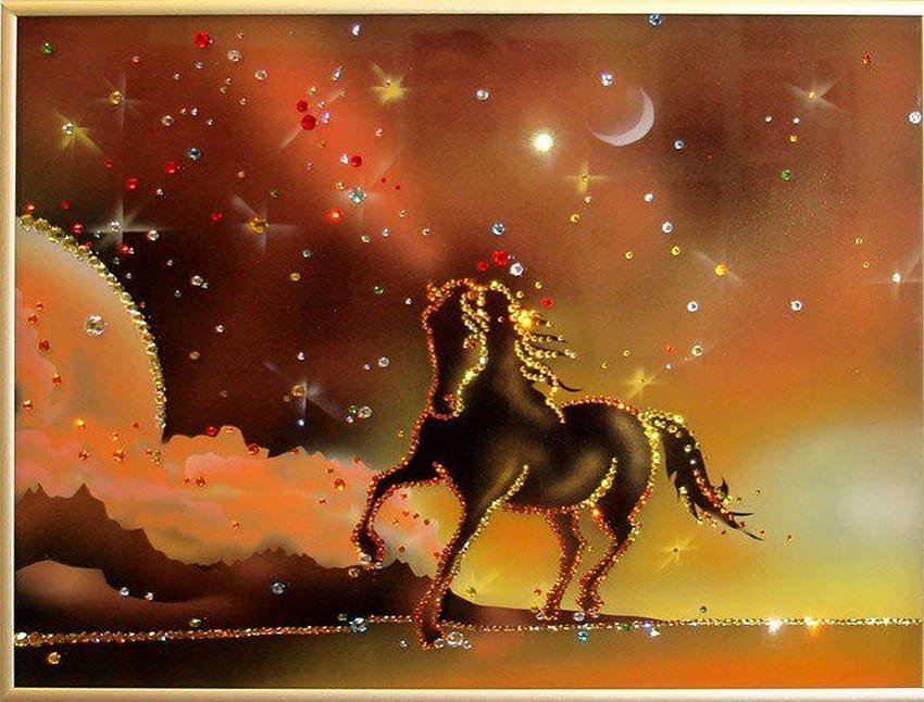 Златен кон, кон, бягане, луна, фантазия, звезди, злато HD тапет