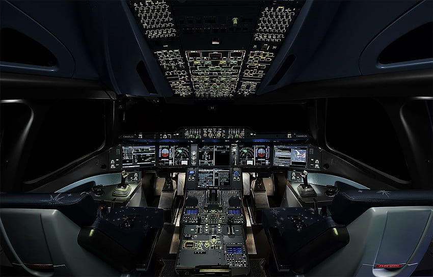 Разположение на пилотската кабина на Airbus A350 XWB в нощния самолет 3778, пилотската кабина на A350 HD тапет