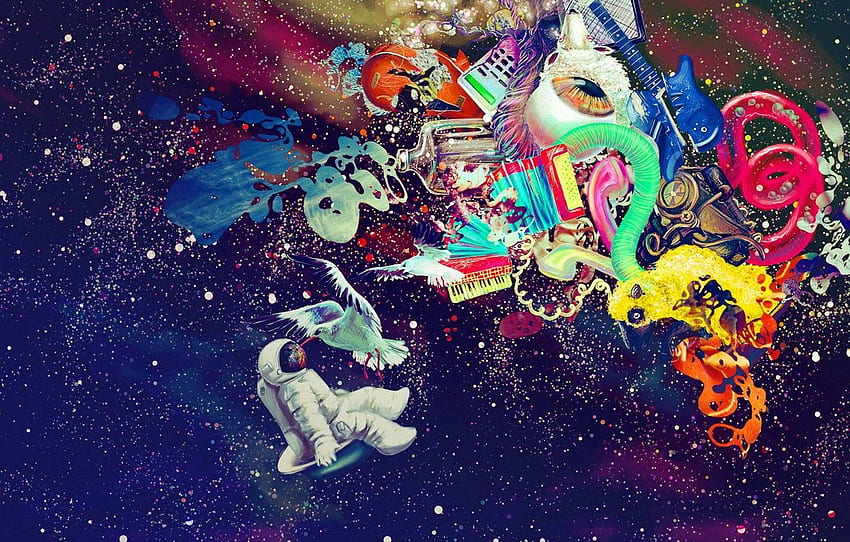 musique, coloré, espace, sang, oiseau, texture, Graffiti, Guitare, étoiles, incroyable, œil, peinture, Astronaute, fait main, Imagination pour , section текстуры Fond d'écran HD