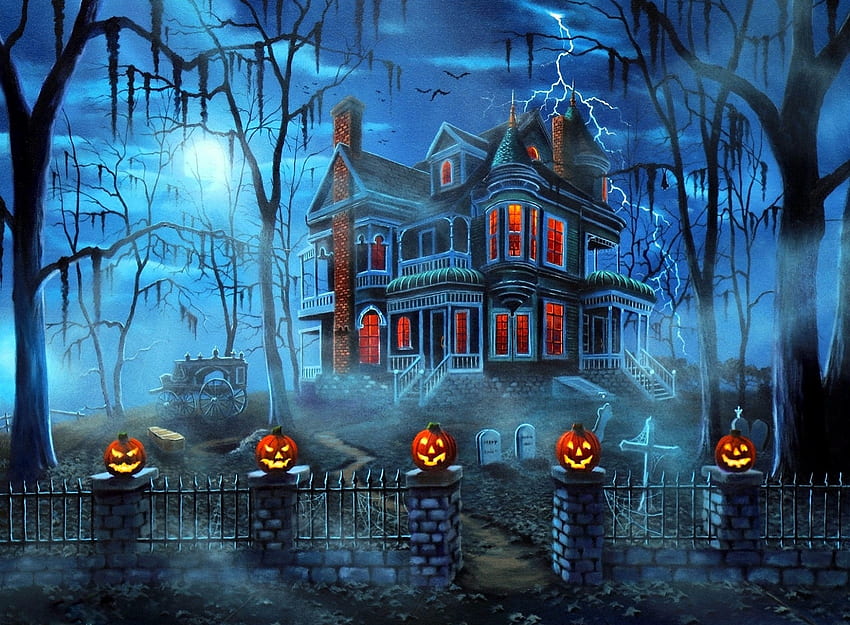 Halloween Misty, October 31, spooky, paintings, misty, pumpkins, love four seasons, halloween, holiday, fantasy, jack-o-lanterns, autumn, fall season, haunted house, moons HD wallpaper