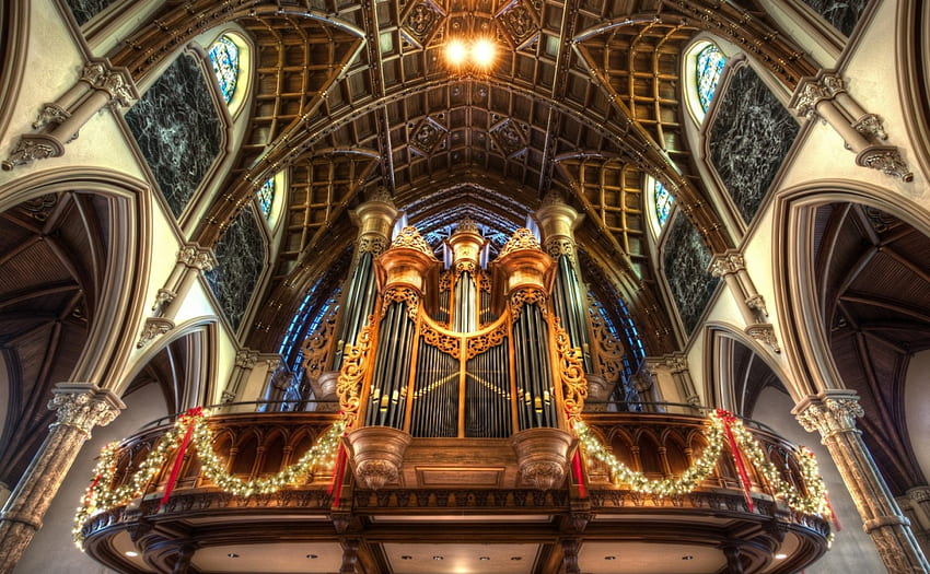 vecchio organo a canne ornato in chiesa r, organo, canne, arco, soffitto, r, chiesa, balcone Sfondo HD
