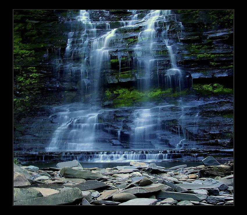 Serenidade, cachoeira, natureza, rochas, fronteira papel de parede HD