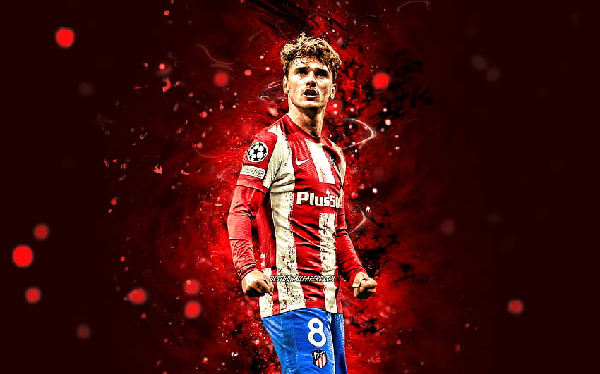 Antoine Griezmann, red neon lights, Atletico Madrid FC, french footballers, LaLiga, goal, football, soccer, Antoine Griezmann Atletico Madrid, La Liga, Antoine Griezmann HD wallpaper