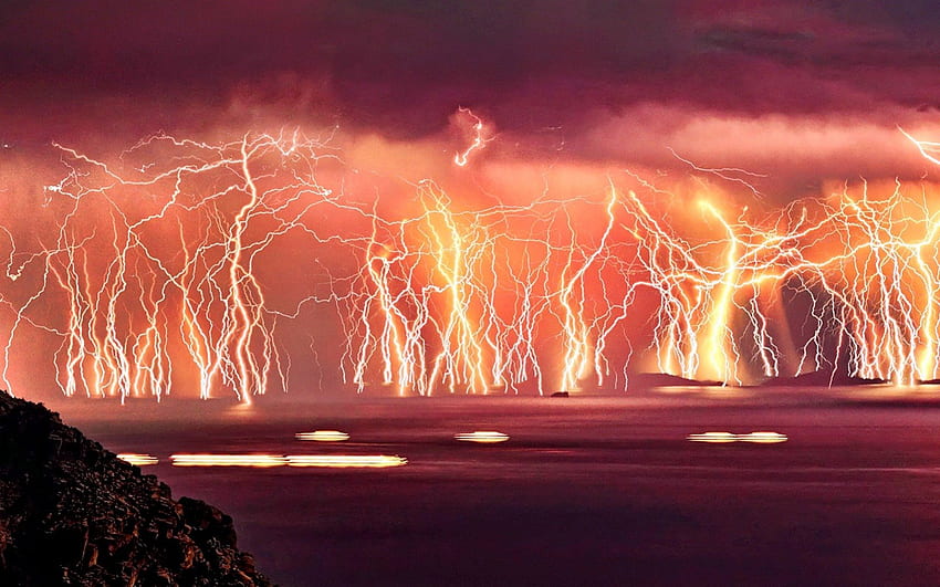 Thunderstorm Unleashed, mer, , orage, , forces de la nature, déchaîné, SkyPhoenixX1, foudre, flash, tonnerre, nuages, nature, océan Fond d'écran HD