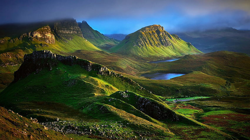 naturaleza, paisaje, montaña, colina, nubes, Skye, Escocia, Reino Unido, roca, lago, hierba y móvil, Escocia Naturaleza fondo de pantalla