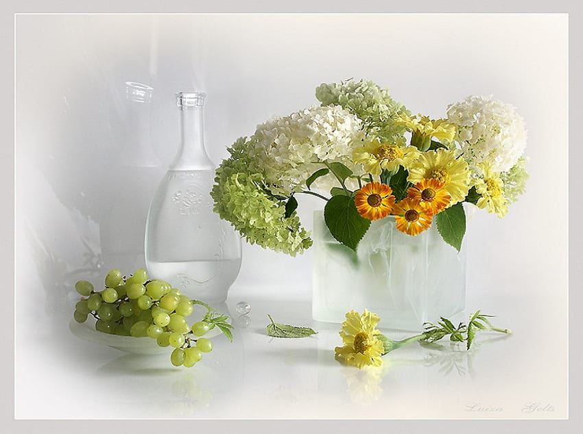 Spring beauties, white, hydrangea, petals, grapes, vase, glass, fruit, flowers HD wallpaper
