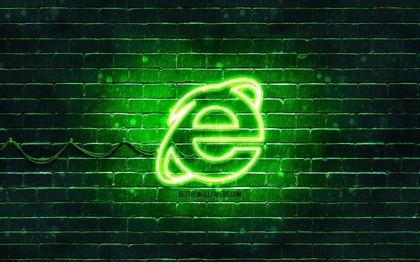 Internet Explorer green logo, , green brickwall, Internet Explorer logo, brands, Internet Explorer neon logo, Internet Explorer HD wallpaper
