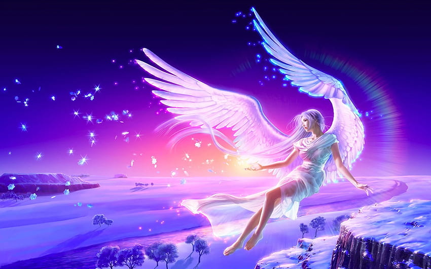 Biały anioł niebieski dziewczyna z anielskimi skrzydłami latający Fantasy Art Ultra Tapeta HD