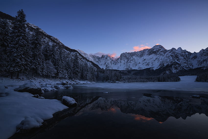 Природа, вода, планини, сняг, езеро HD тапет