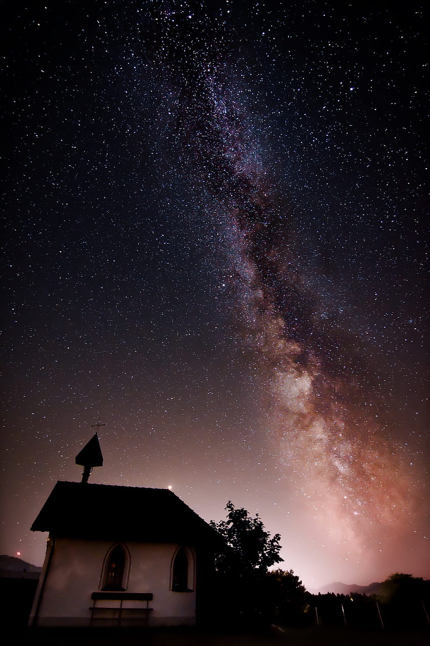 自然, 星, 夜, 星空, 天の川, 小さな家, ロッジ HD電話の壁紙
