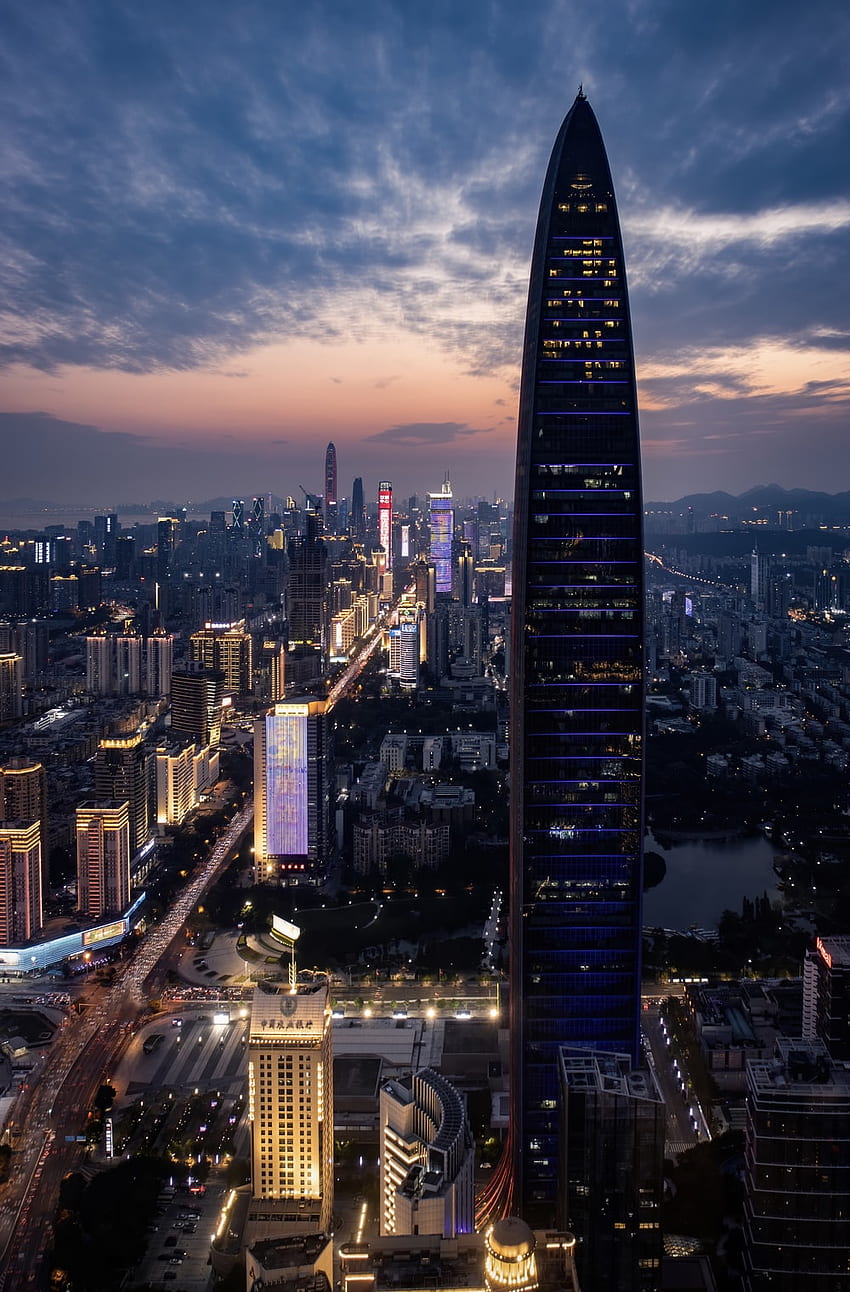 wieżowce w nocy – Shenzhen na Unsplash Tapeta na telefon HD