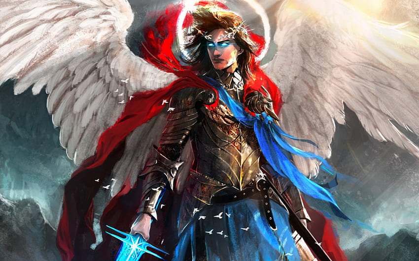 Engel, blau, Flügel, weiß, Schwert, Kunst, Mann, Rüstung, Fantasie, Junge, rot, Spiel, Kämpfer, Kreatur, Krieger HD-Hintergrundbild