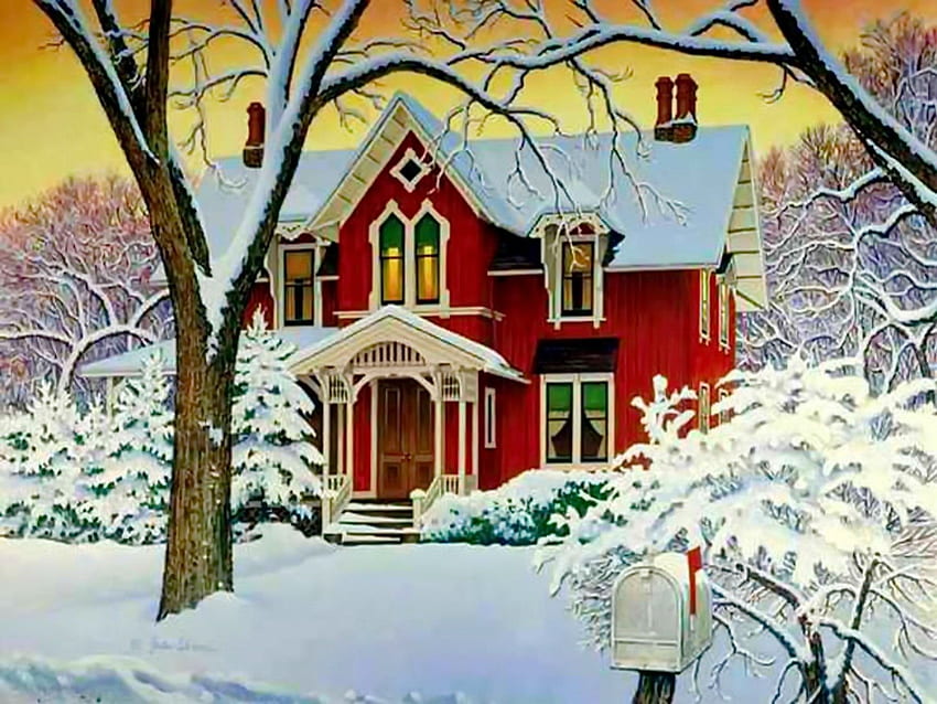 Una casa in inverno, inverno, bello, vacanza, neve, capodanno, gelo, ghiacciato, casa, bello, capanna, carino, rosso, natura, cottage, bello, colli, villaggio Sfondo HD