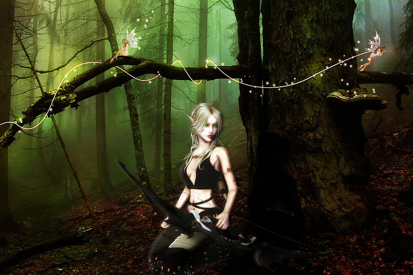 Fantasy - Elf Spitzohren Grüne Augen Blond Fantasy Forest Fairy Bow HD-Hintergrundbild