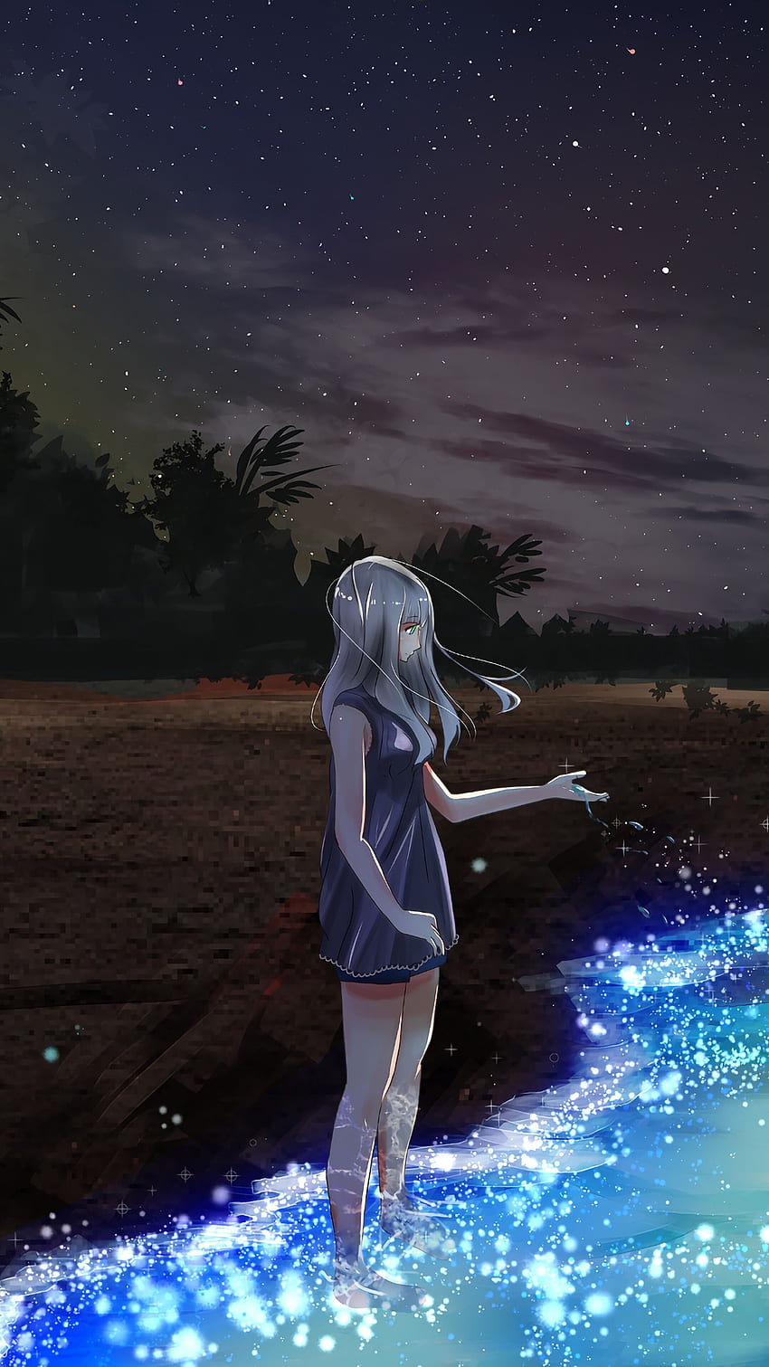 Anime, Scenery, Girl, Night, Beach, Moon, phone , , Background, and, Moon Night Ocean HD phone wallpaper