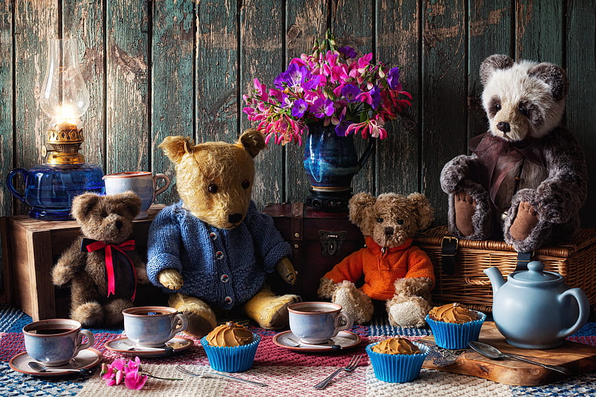 Die Teeparty, Spielzeug, Teddybären, Cupcakes, Blumenstrauß, Stil HD-Hintergrundbild