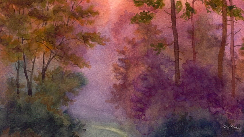 Autumn Sunset Trees, seducente, colorato, acquerello, affascinante, incantevole, alieno, colore dell'acqua, astratto, pittura, magico, lavanda, autunno, accattivante, tramonto, distante, remoto, que, lontano, autunno, morbido, scuro, viola, rosa , foglie, libro, leggero, caratteristico, romantico Sfondo HD