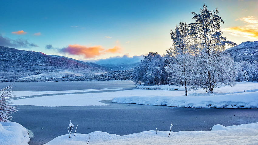 ノルウェーの凍った湖、冬、雪、木、雲、風景、空、夕日、氷 高画質の壁紙