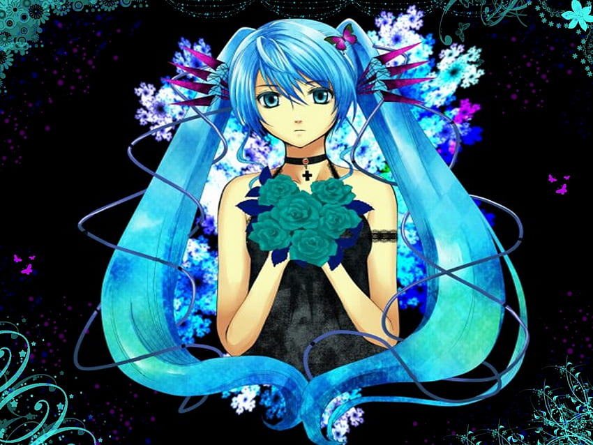 Hatsune Miku สีฟ้า twintail น่ารัก สาว สวย โวคาลอยด์ มิกุ โวคาลอยด์ อะนิเมะ กุหลาบสีน้ำเงิน สวย ฮัตสึเนะ ดอกไม้ วอลล์เปเปอร์ HD
