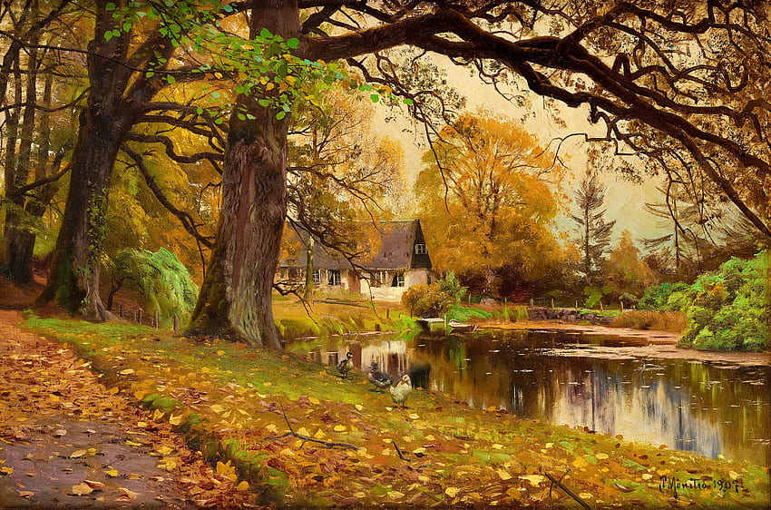 Sérénité d'automne, art, maison, automne, paisible, sérénité, lac, tranquille, peinture, réflexion, arbres, automne, campagne, étang, feuillage Fond d'écran HD