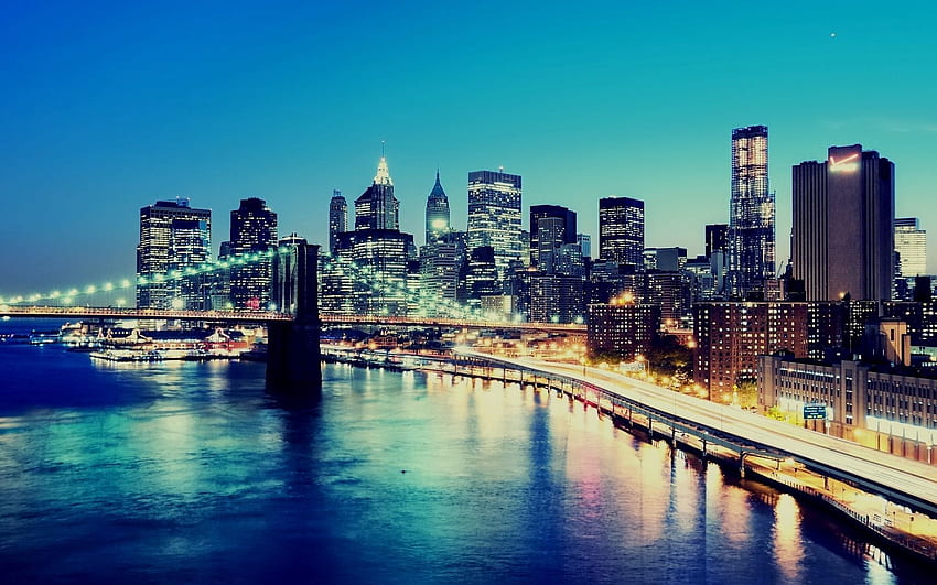 Miasta, noc, miasto, budynek, światła, drapacze chmur, most, budowa, Nowy Jork, dolny Manhattan Tapeta HD