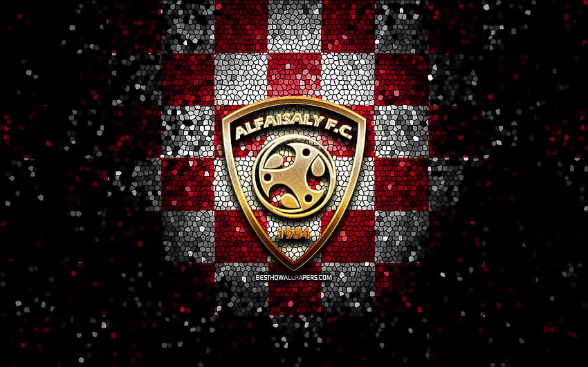 Al-Faisaly SC, glitter logo, Saudi Professional League, red white checkered background, soccer, saudi football club, Al-Faisaly logo, mosaic art, football, Al-Faisaly FC HD wallpaper