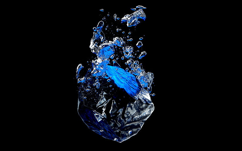 Ice cube falling into water against a black background with bubbles HD wallpaper