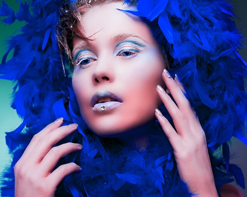 Artystyczna kobieta, niebieski, makijaż, model, twarz, Kobieta, artystyczny Tapeta HD