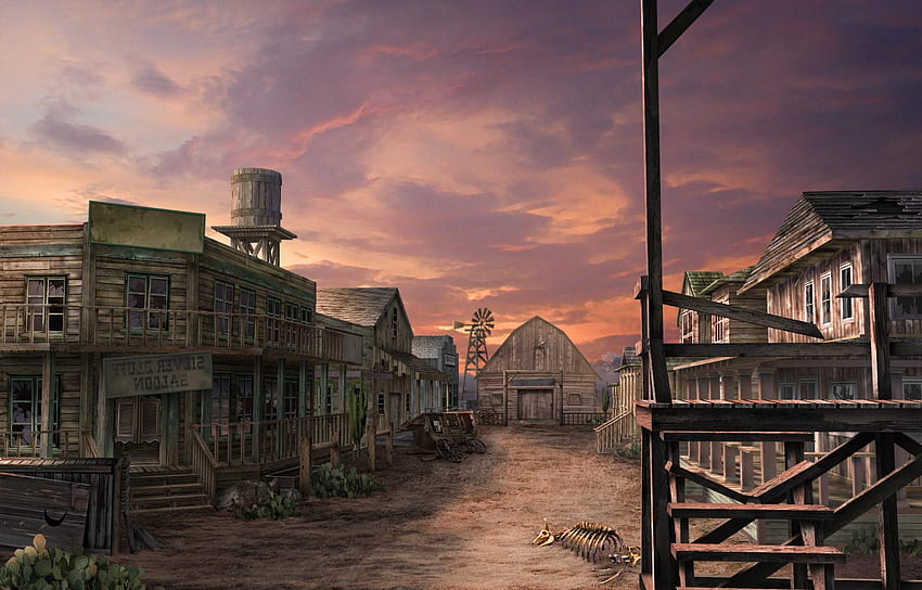 Edifici del cielo della città fantasma del selvaggio West Vecchio 3D. Wild West, Old West, Western Town, Wild West Scenery Sfondo HD